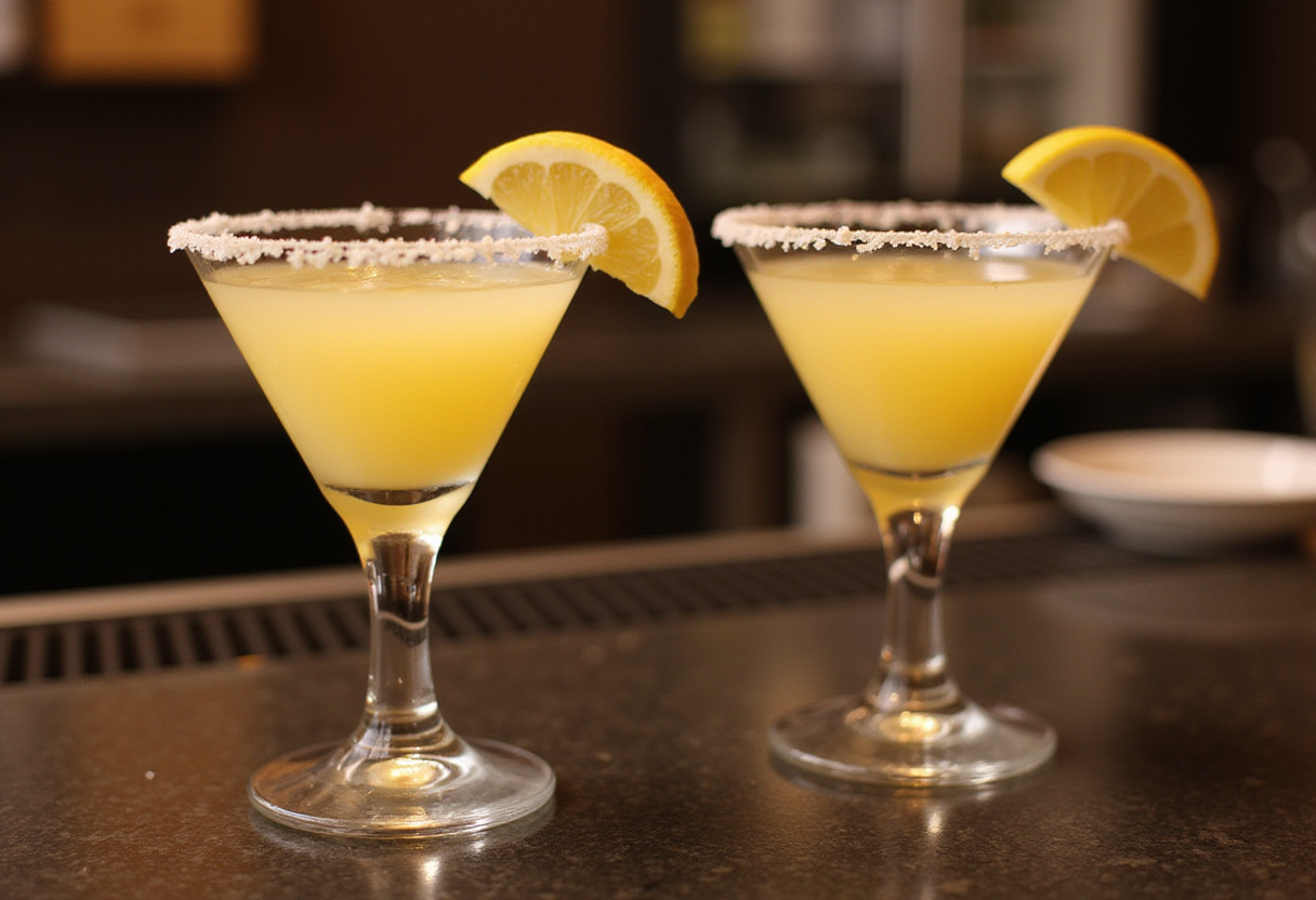 Finished lemon drop shots garnished with lemon wedges, ready to serve.