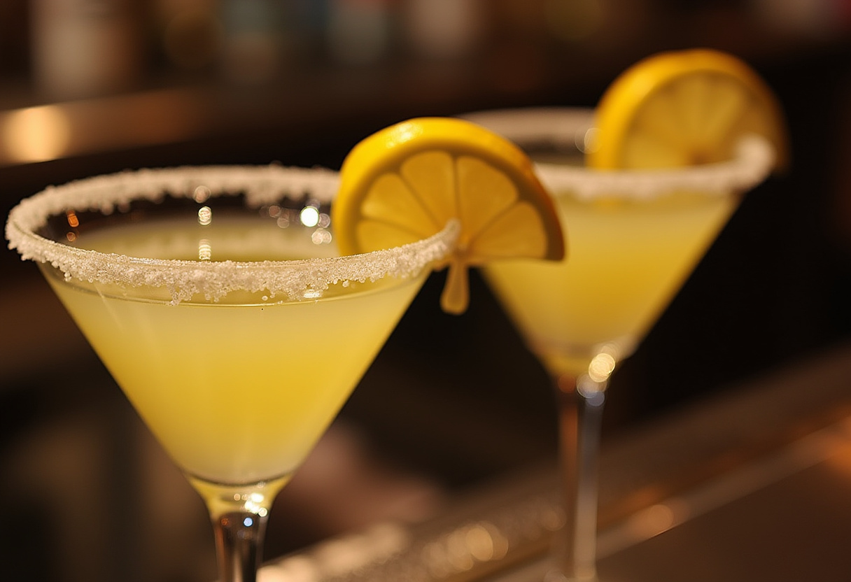Finished lemon drop shots garnished with lemon wedges, ready to serve.