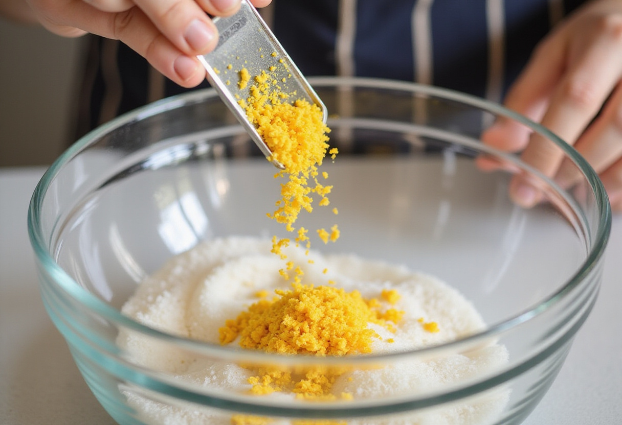 Lemon zest being added to sugar for homemade lemon drop shots.