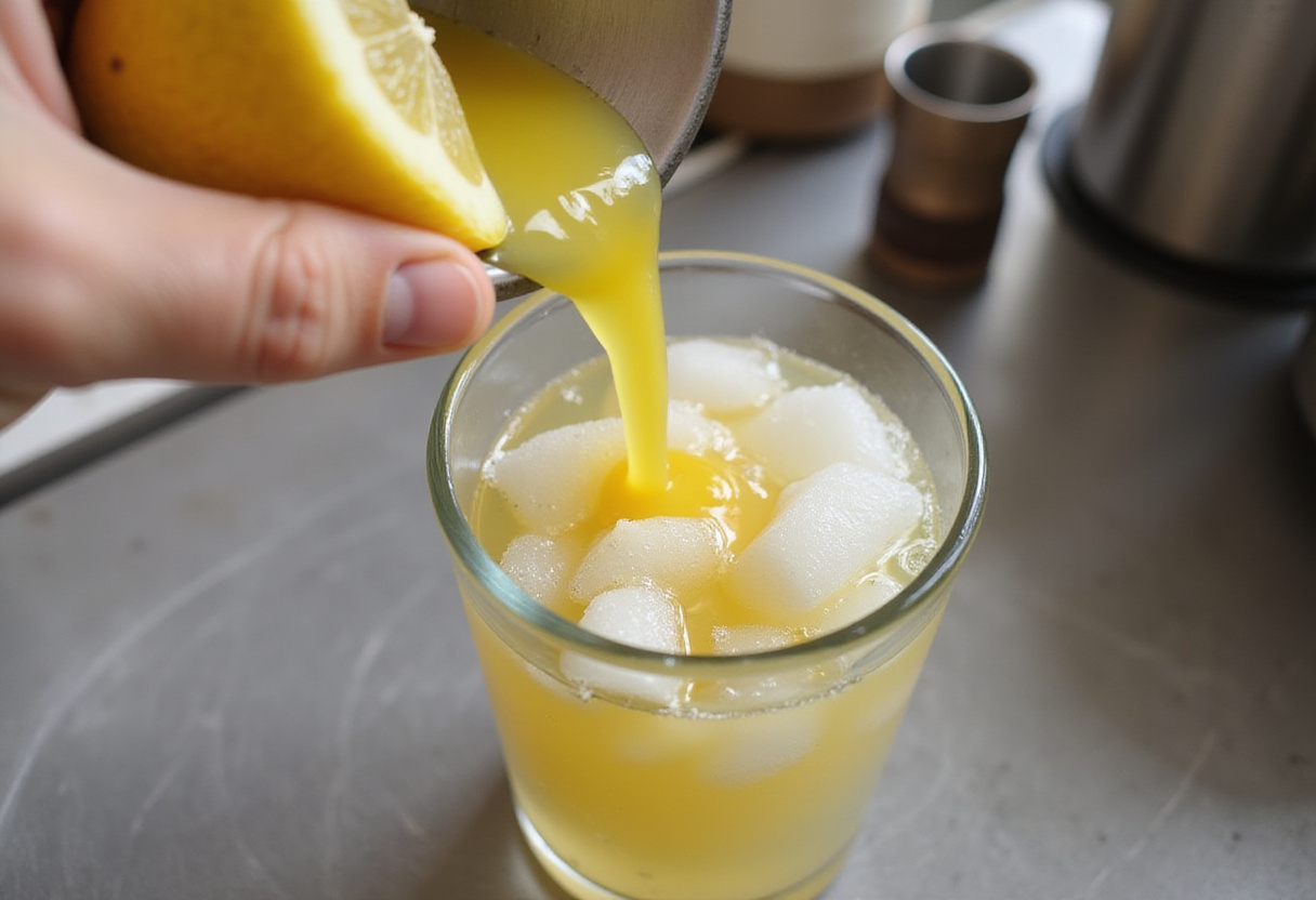 Ingredients for lemon drop shots being added to a cocktail shaker.