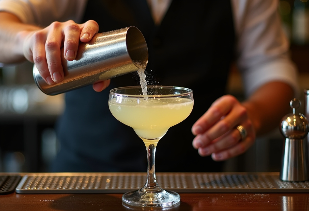 Straining a lemon drop shot into a chilled martini glass.
