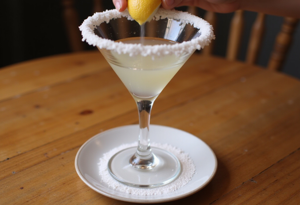Preparing a sugar-rimmed glass for a lemon drop shot.