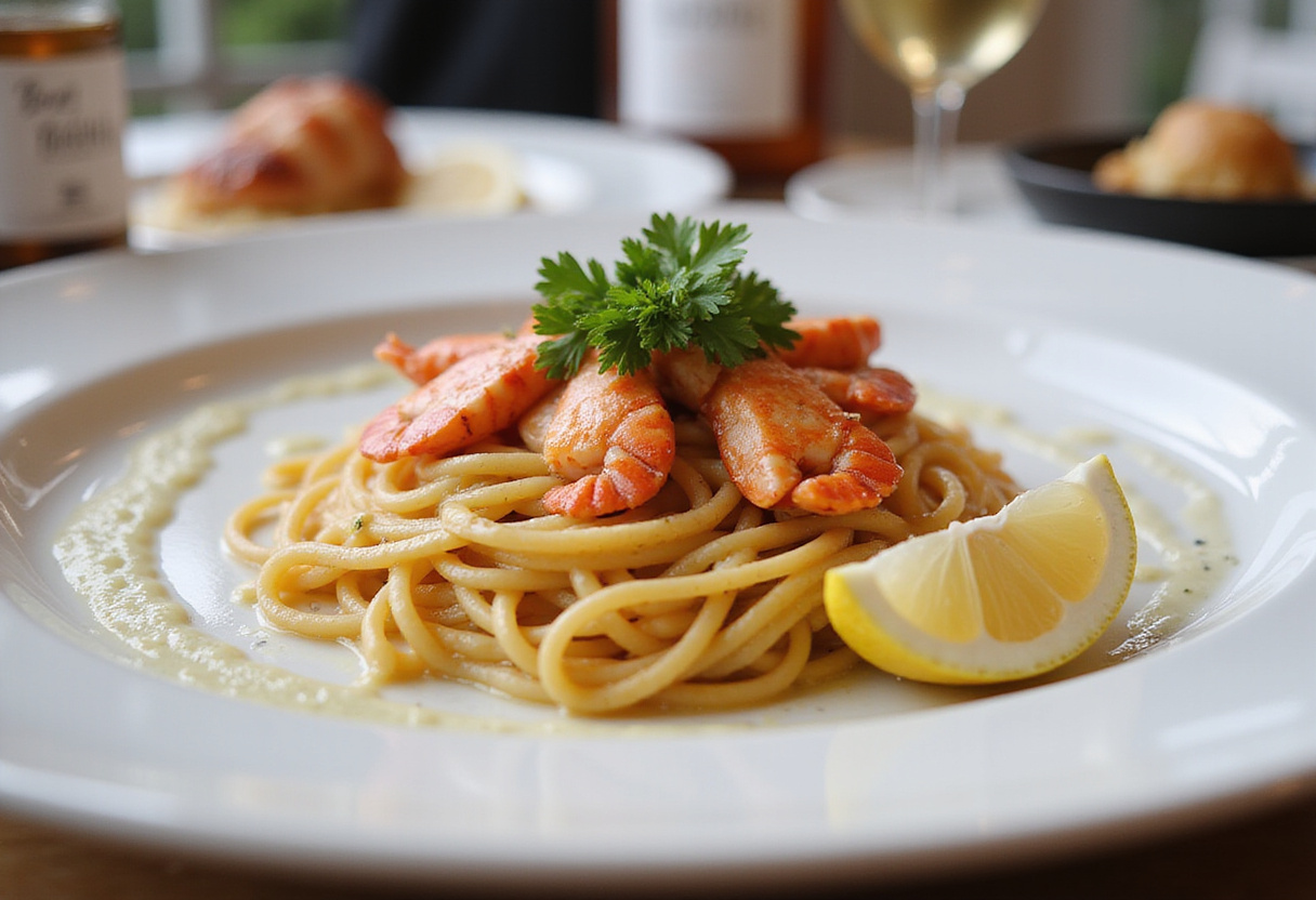 Authentic homemade lobster pasta dish served on a plate.
