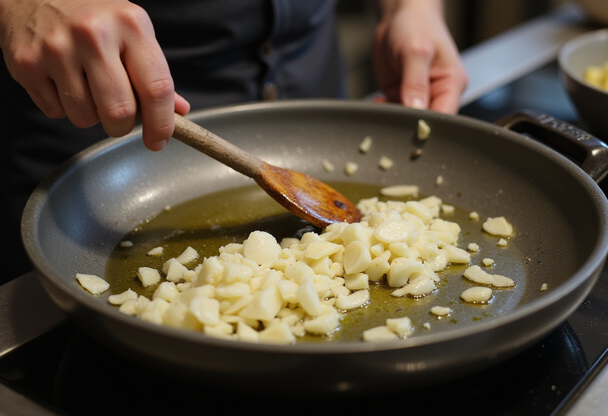 Sautéing aromatics for homemade lobster pasta.