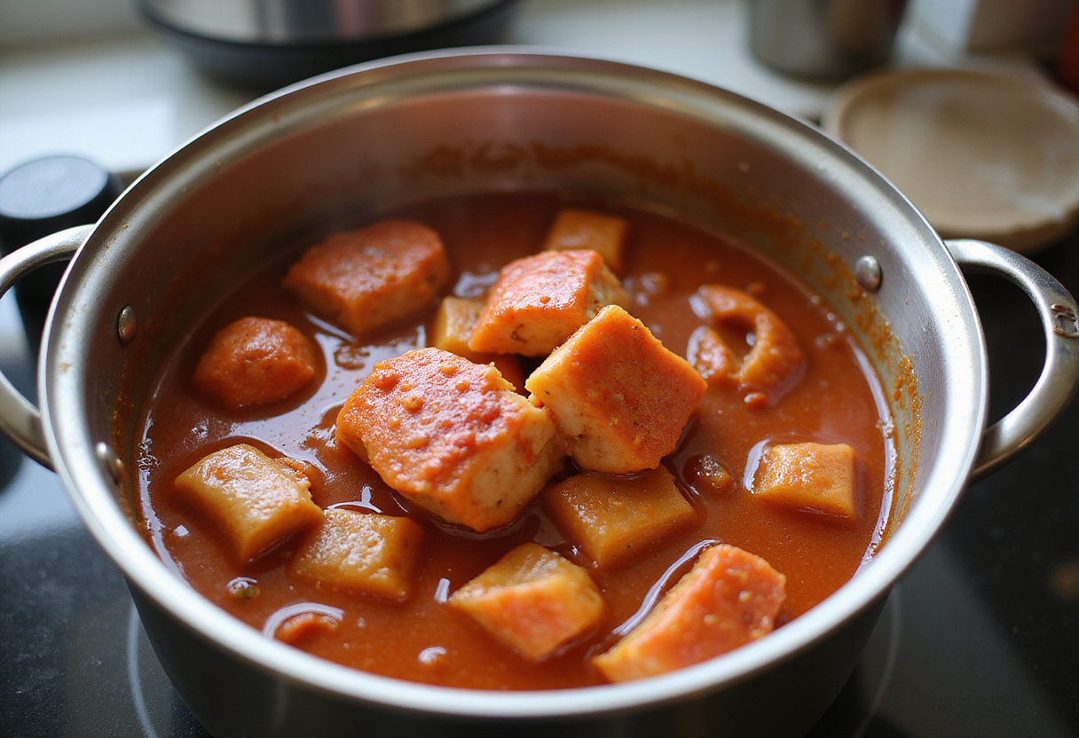 Lobster meat simmering in tomato sauce for pasta recipe.