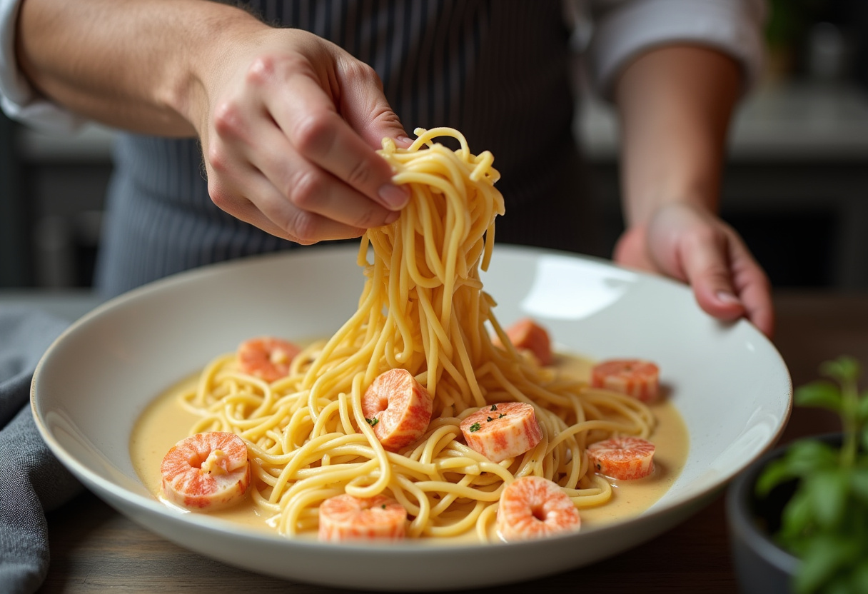 Tossing pasta with lobster sauce for homemade lobster pasta recipe.