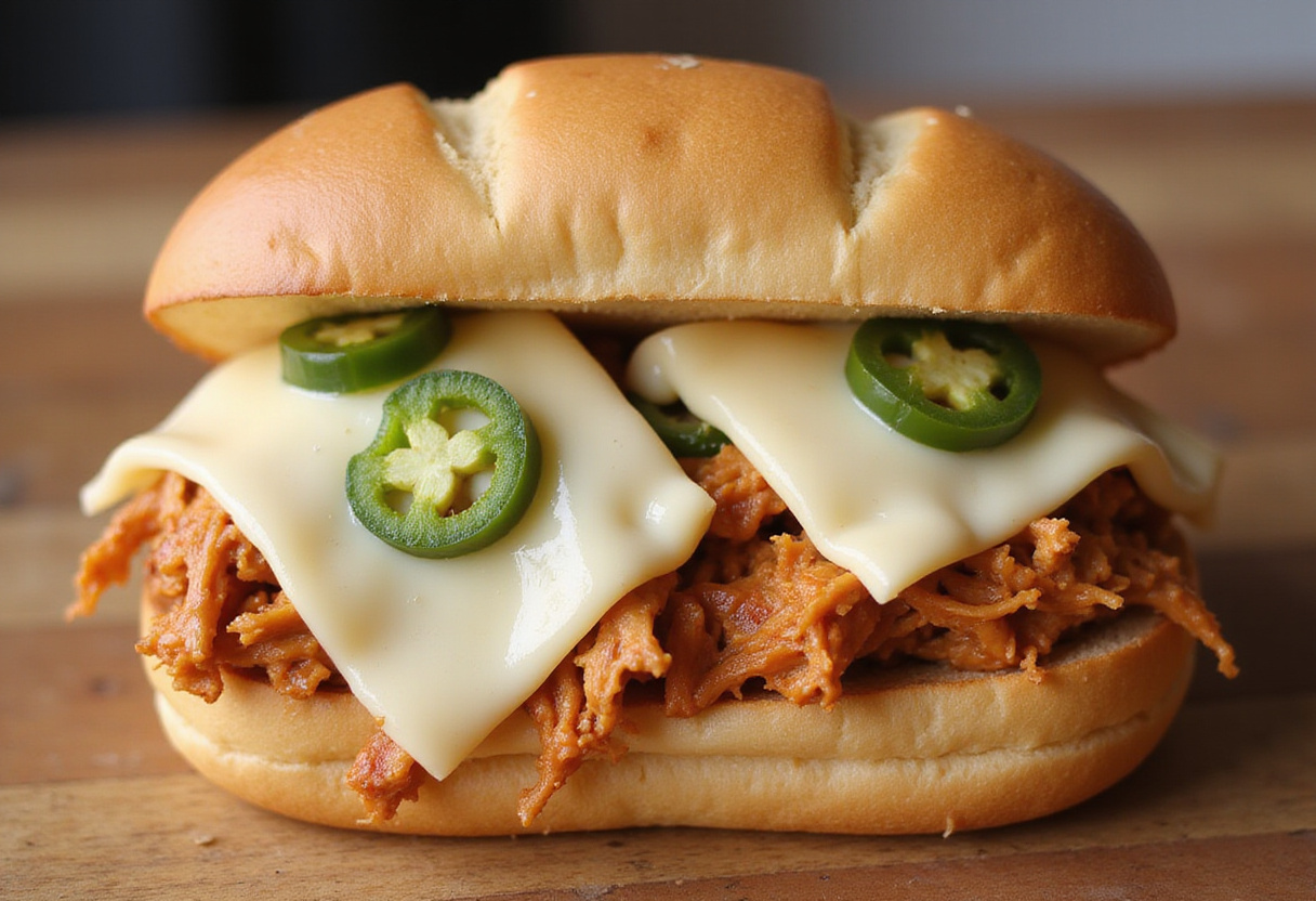 Mississippi Chicken sandwich with provolone cheese and pepperoncini peppers.