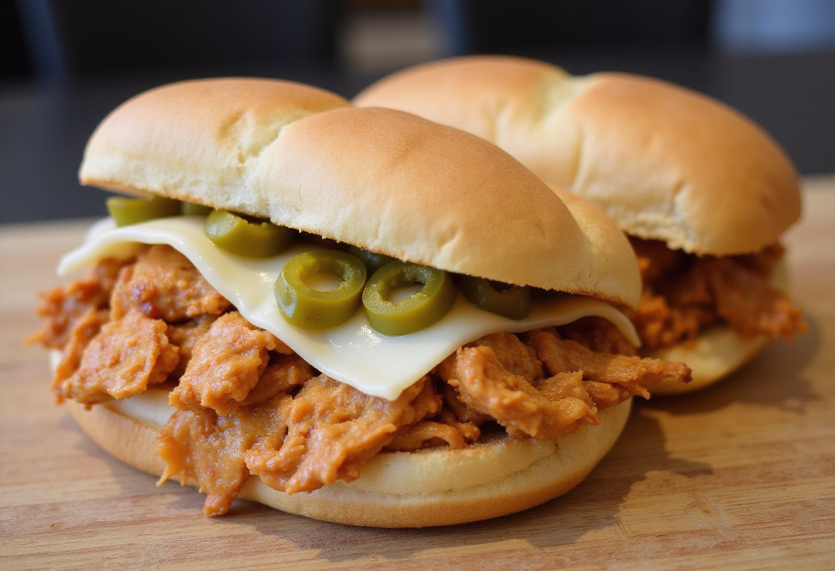 Mississippi Chicken sandwich with provolone cheese and pepperoncini peppers.