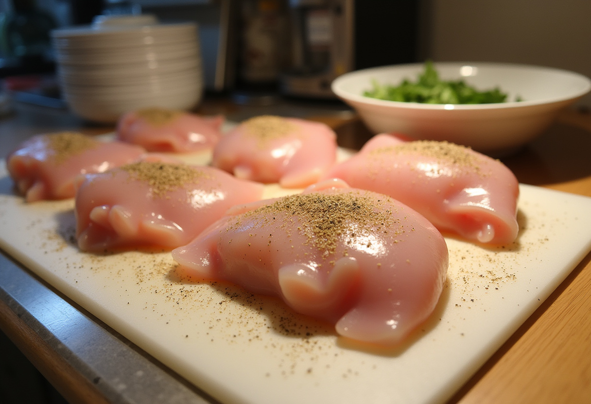 Preparing chicken breasts with seasonings for Mississippi Chicken.