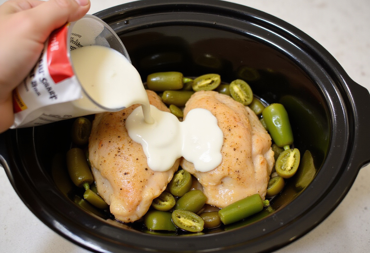 Adding pepperoncini peppers and ranch dressing mix to chicken in a slow cooker for Mississippi Chicken.