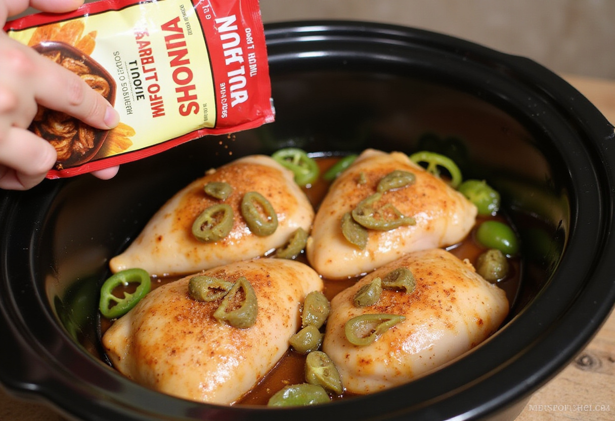 Sprinkling au jus gravy mix over chicken and peppers in a slow cooker for Mississippi Chicken.