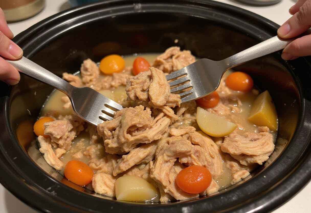 Shredding cooked Mississippi Chicken in a slow cooker with forks.