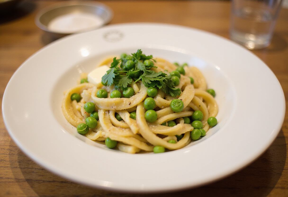 Homemade pasta and peas served in a bowl, garnished with parsley.