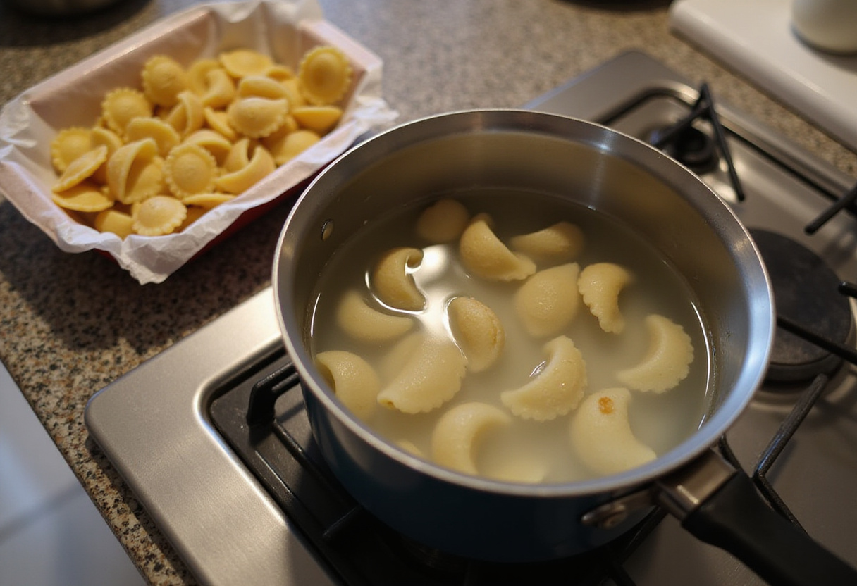 Pot of boiling water preparing for cooking pasta and peas.