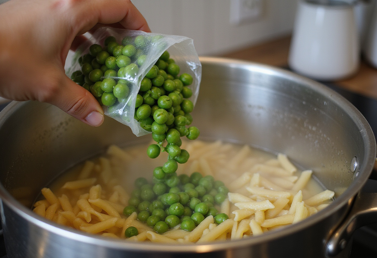 Frozen peas being added to boiling pasta water for pasta and peas recipe.