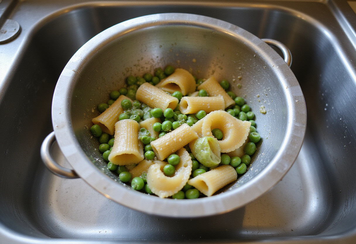 Draining cooked pasta and peas in a colander.