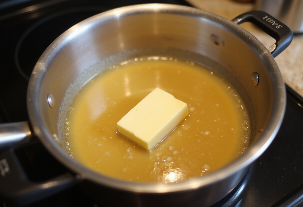 Butter melting in pot for pasta and peas sauce.