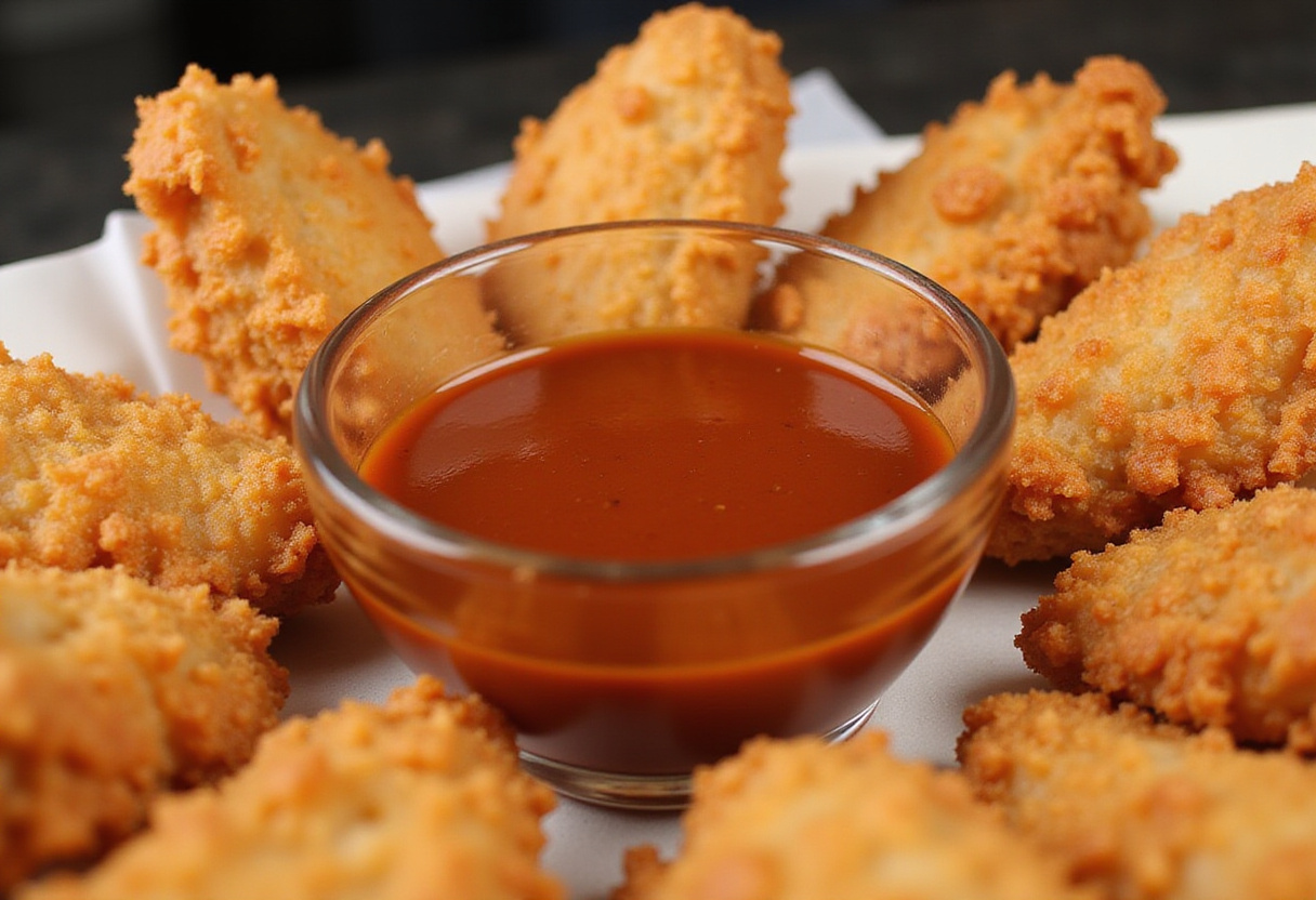 Homemade Raising Cane's Sauce served with golden chicken tenders, perfect for dipping.