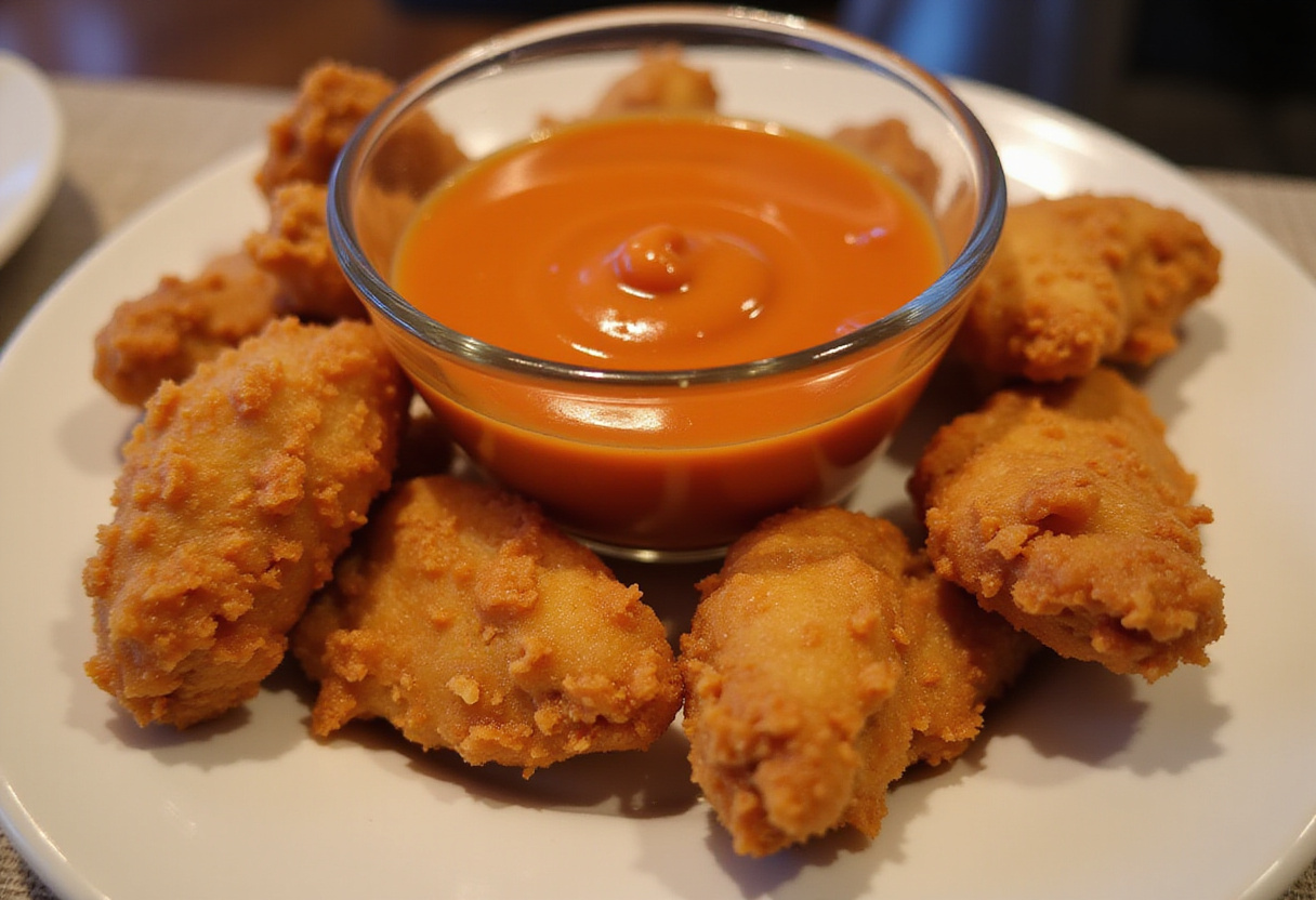 Homemade Raising Cane's Sauce served with golden chicken tenders, perfect for dipping.