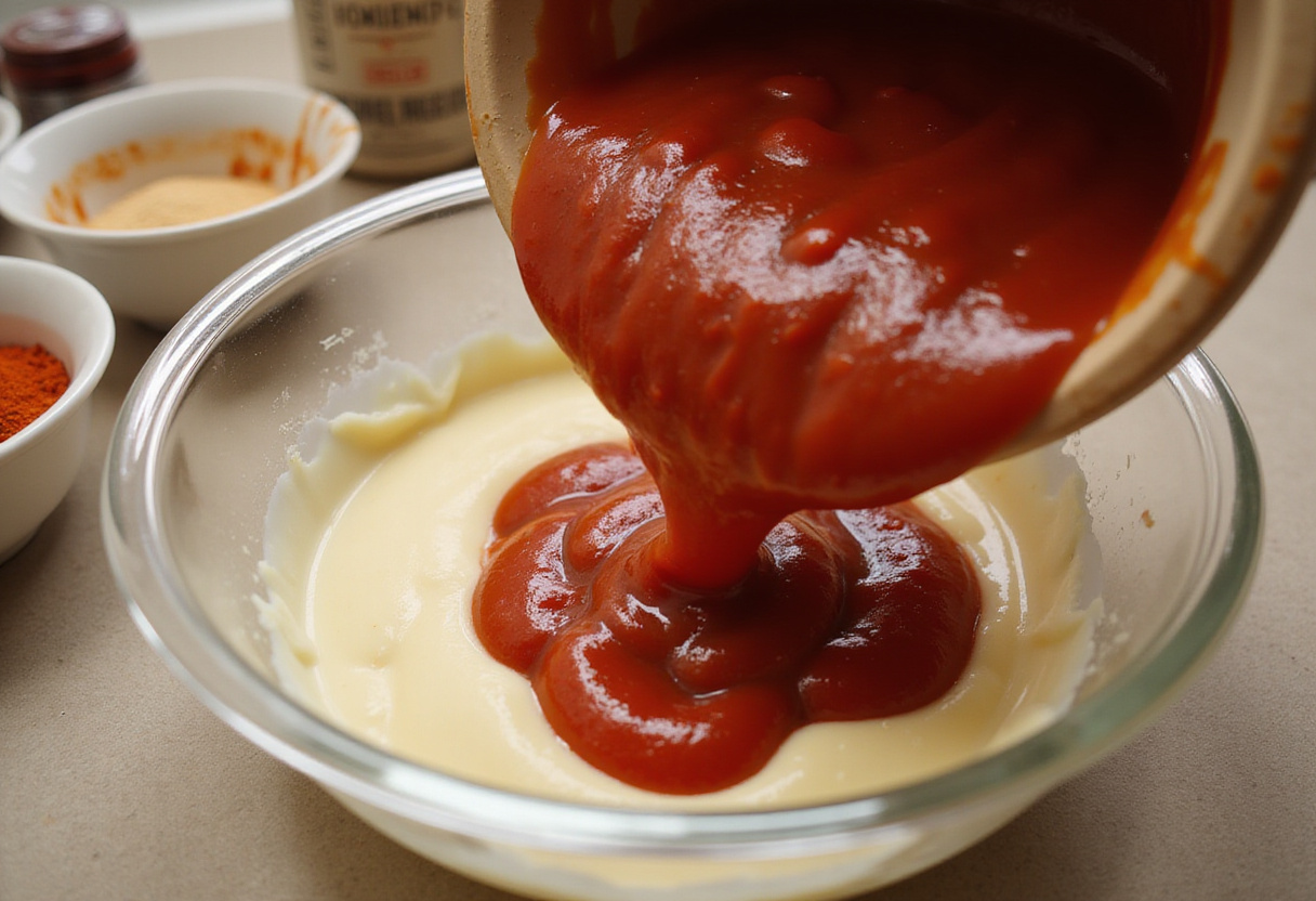Ketchup being added to mayonnaise for creating Raising Cane's Sauce.