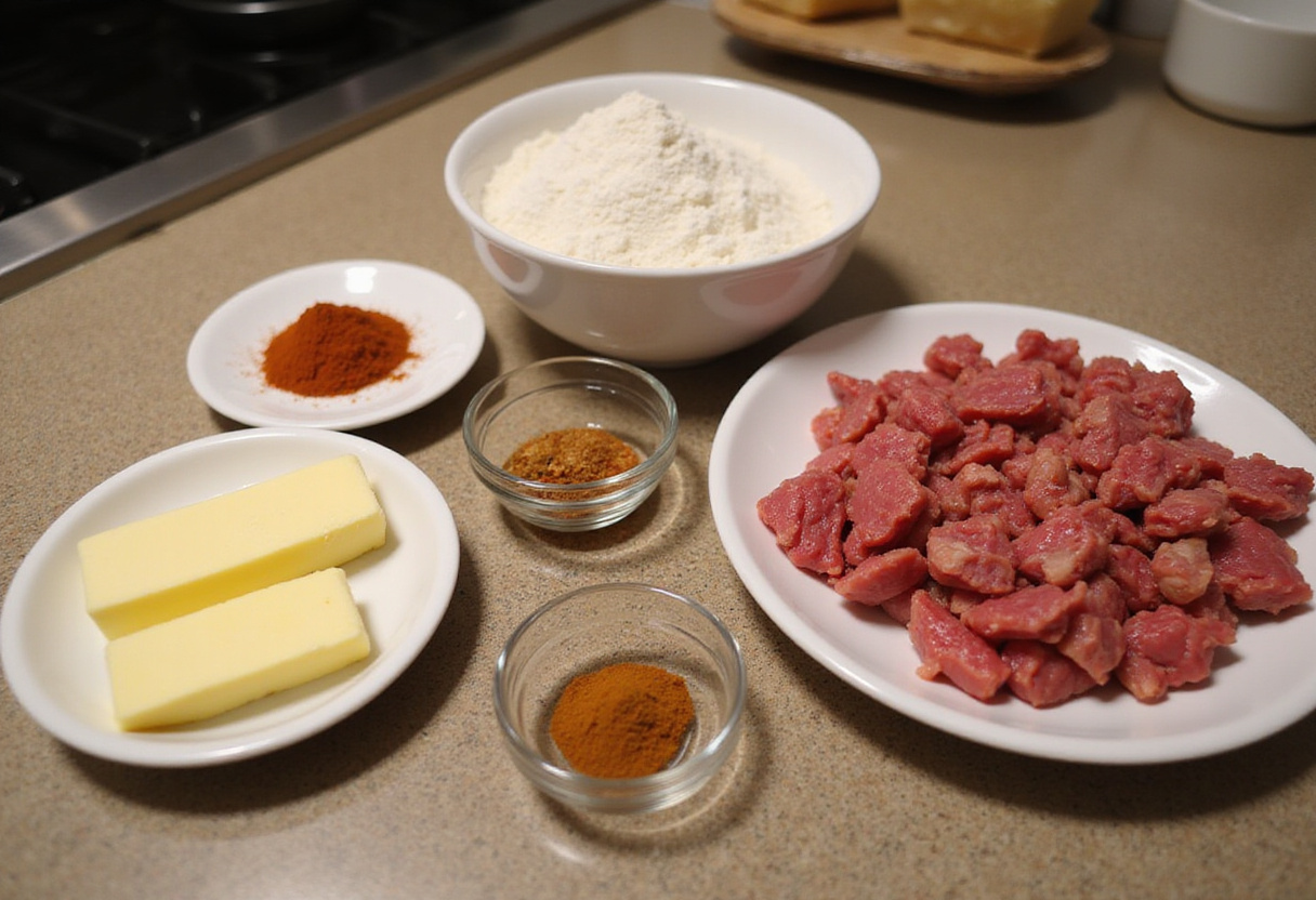 Ingredients for homemade Jamaican Beef Patties ready on a kitchen counter.