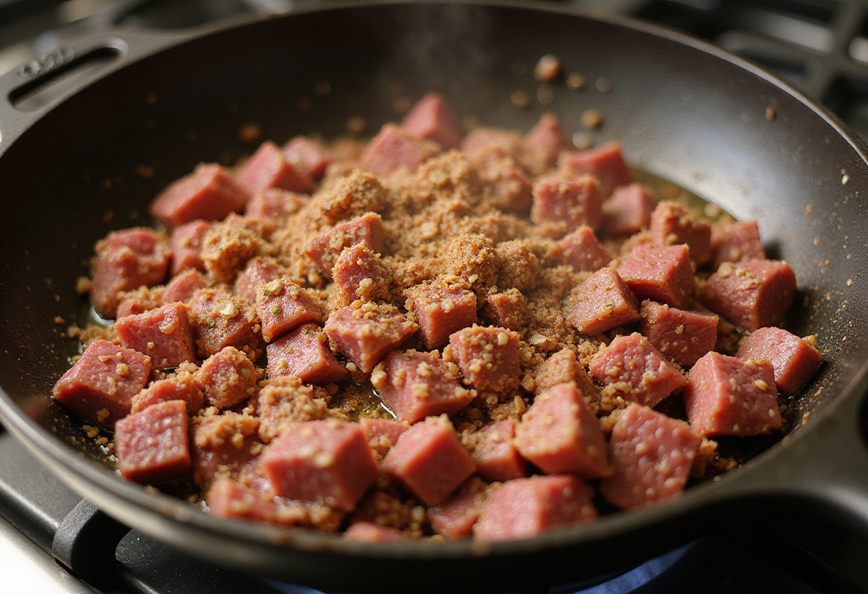 Ground beef seasoned for Jamaican Beef Patty filling cooking in a skillet.