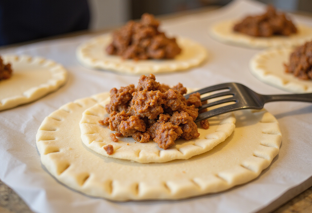 Jamaican Beef Patty dough being filled and crimped with seasoned ground beef filling.