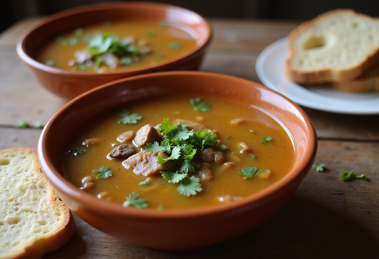 Homemade Beef Broth served in bowls with parsley and crusty bread.