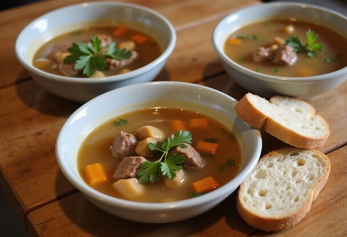 Homemade Beef Broth served in bowls with parsley and crusty bread.