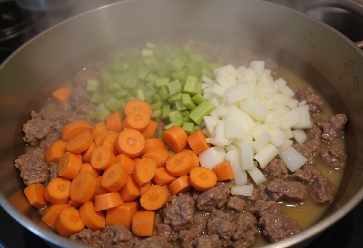Vegetables being added to browned beef for Homemade Beef Broth.