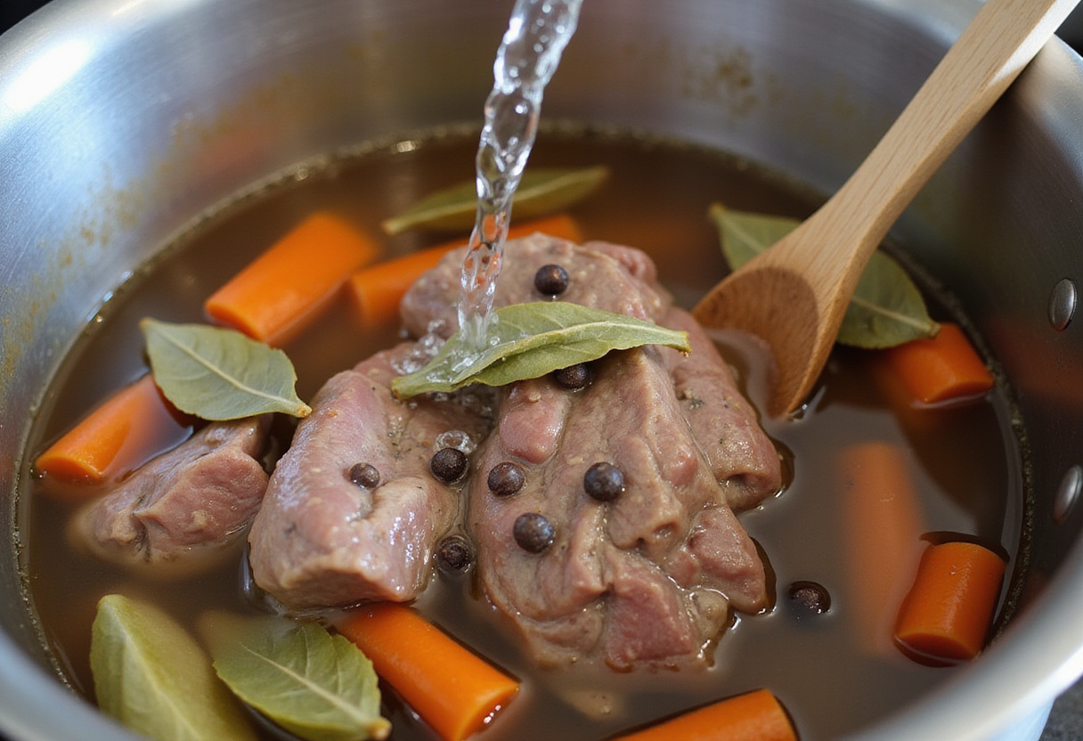 Water, bay leaves and peppercorns being added for Homemade Beef Broth.