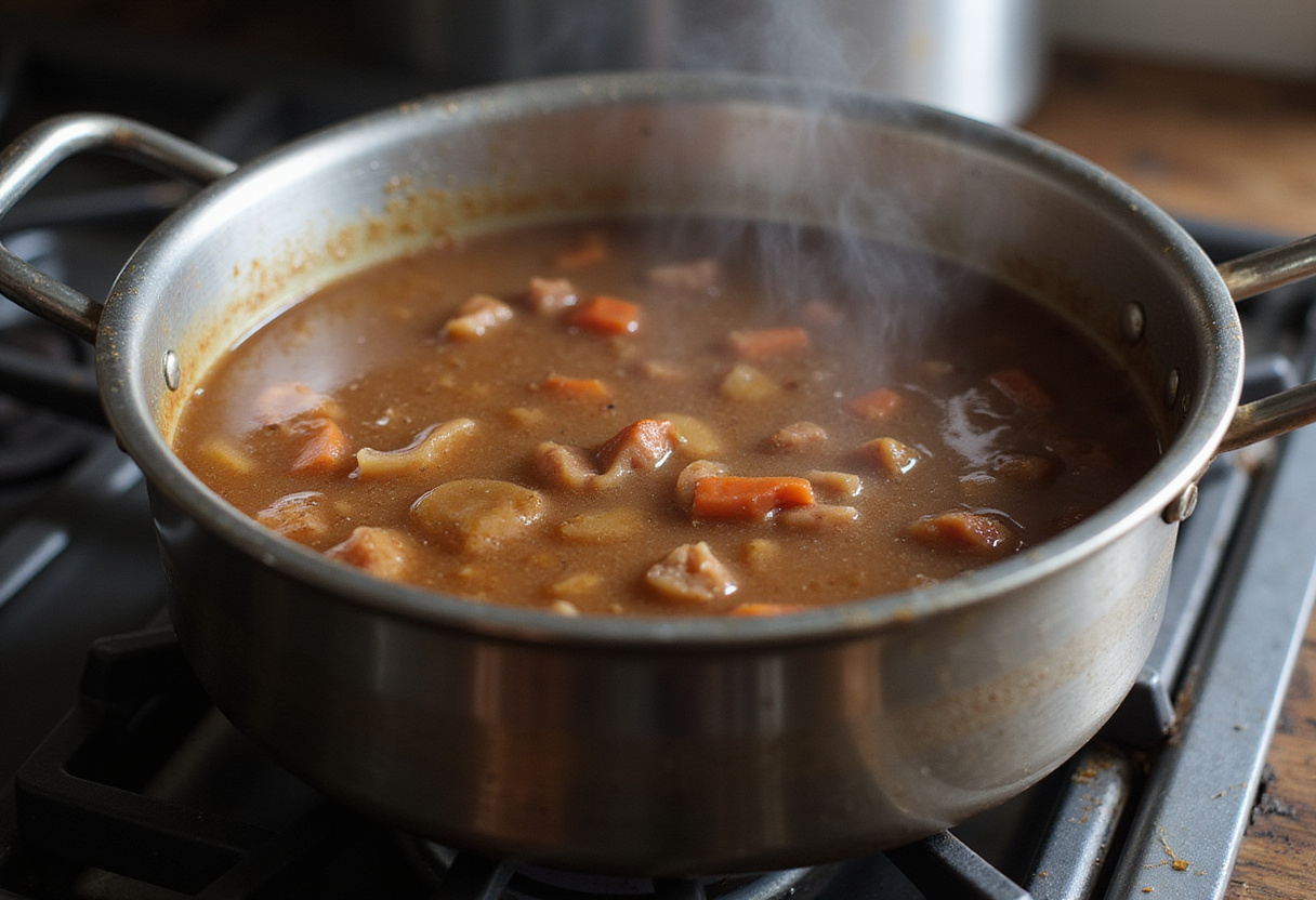 Beef broth simmering on the stove for Homemade Beef Broth recipe.
