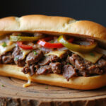 Finished shaved beef steak sandwich with toppings on a wooden board.