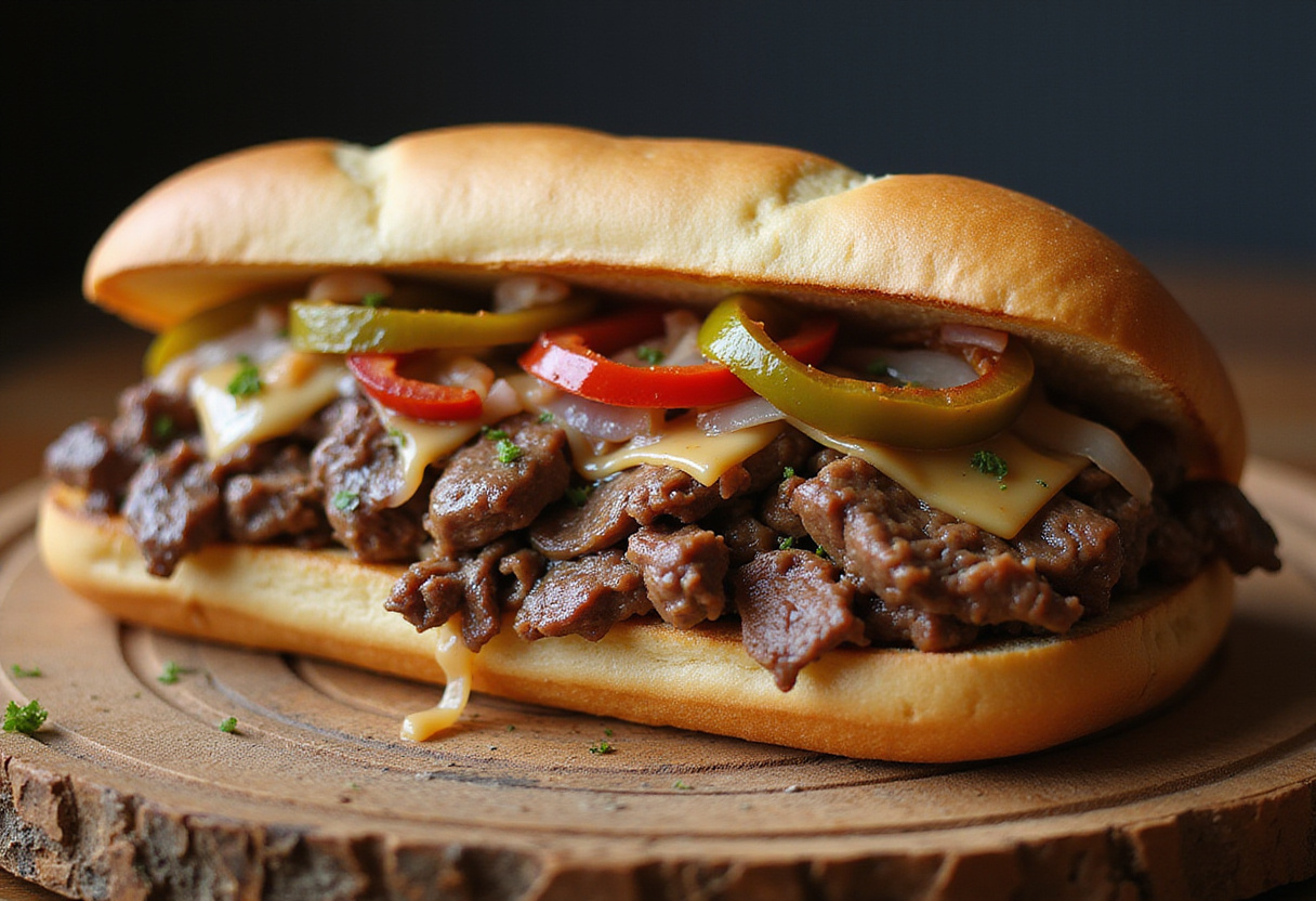 Finished shaved beef steak sandwich with toppings on a wooden board.