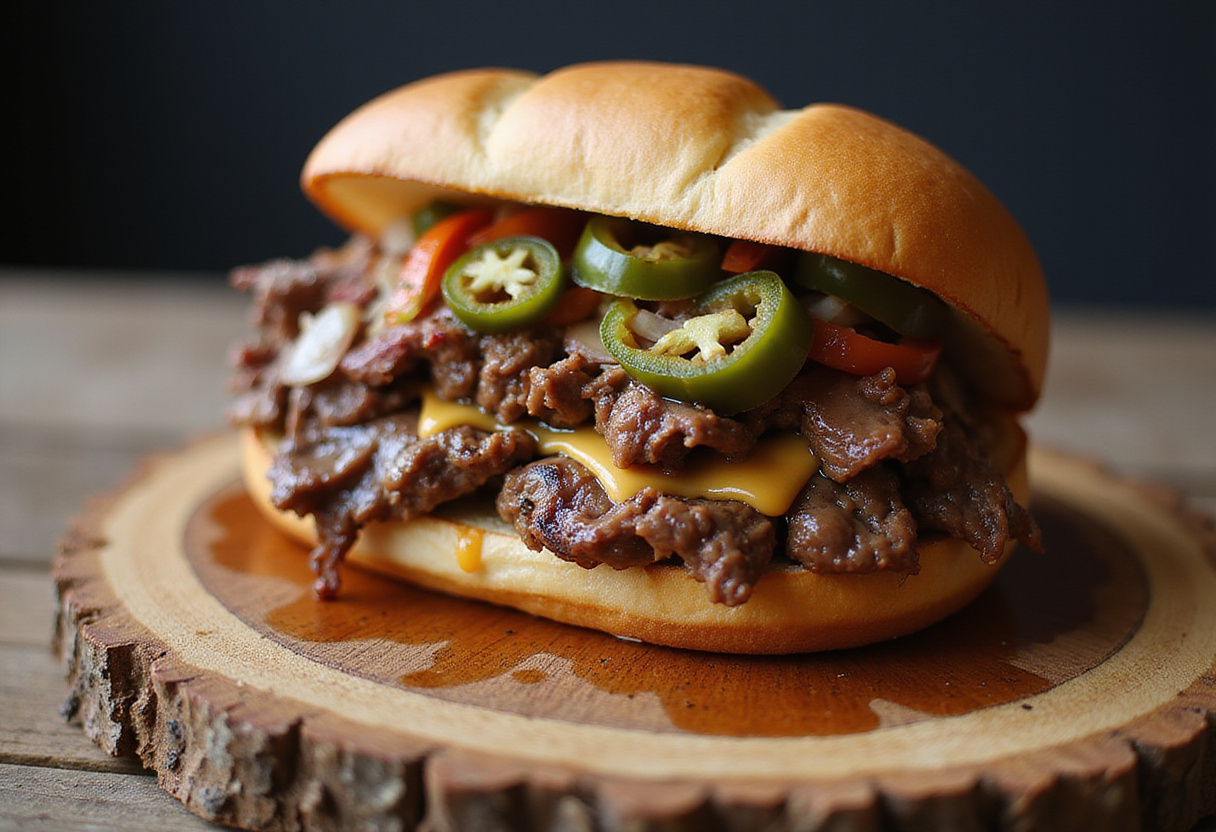 Finished shaved beef steak sandwich with toppings on a wooden board.
