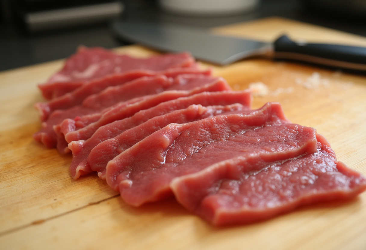 Thinly shaved beef steak pieces on a cutting board.