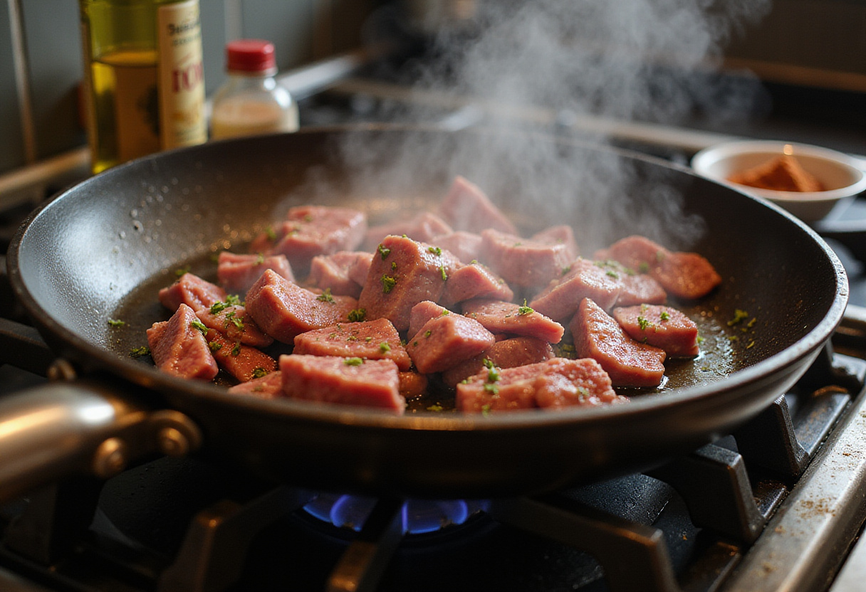 Sautéing shaved beef steak in a skillet on the stove.