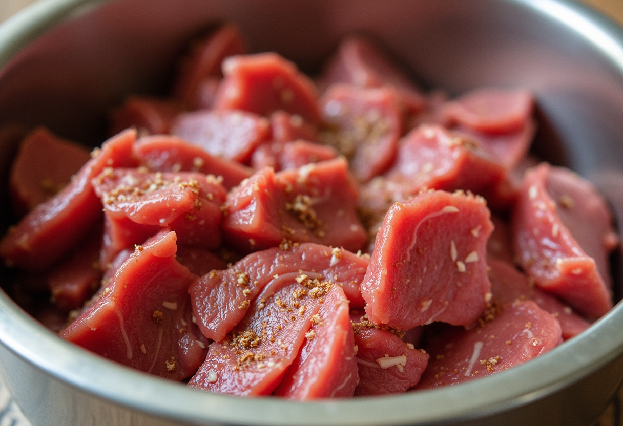 Bowl of cooked shaved beef steak ready to be used.