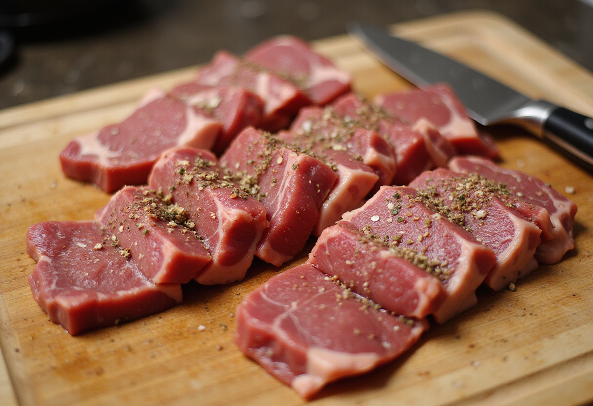Preparing steak strips for a homemade Steak Pasta recipe.