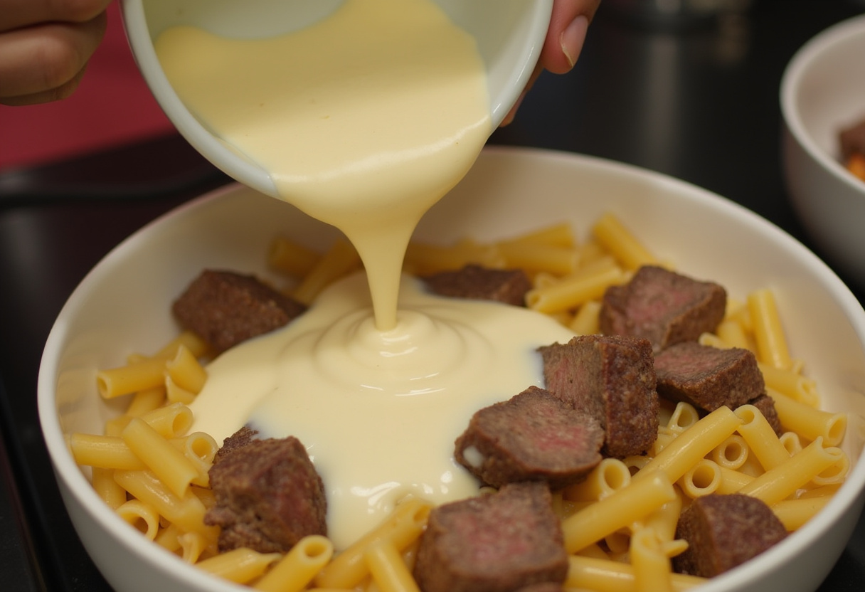Combining creamy sauce and pasta for a homemade Steak Pasta recipe.