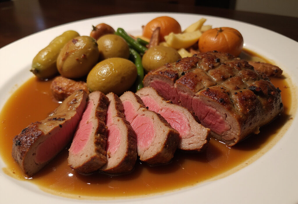 Deliciously cooked and sliced top round roast with roasted vegetables and gravy.