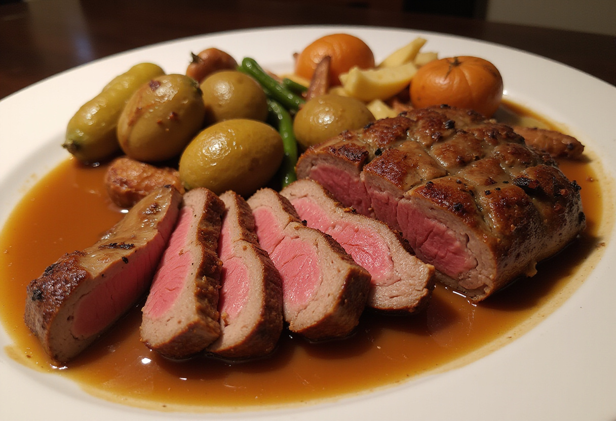 Deliciously cooked and sliced top round roast with roasted vegetables and gravy.