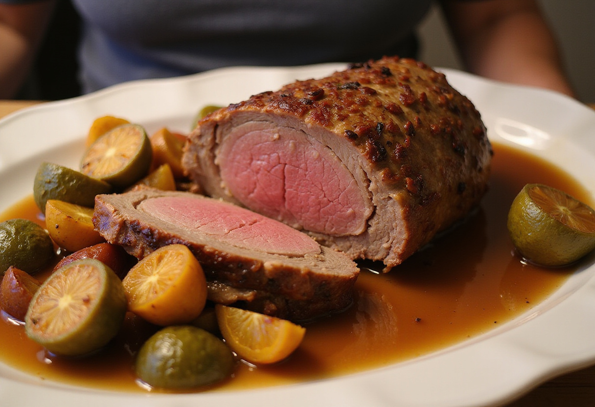 Deliciously cooked and sliced top round roast with roasted vegetables and gravy.