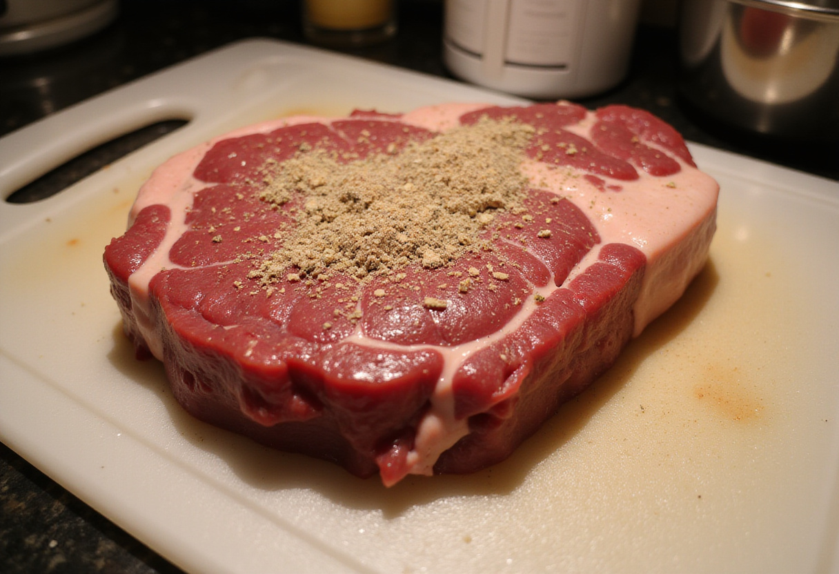 Raw top round roast seasoned with spices for a home-cooked meal.