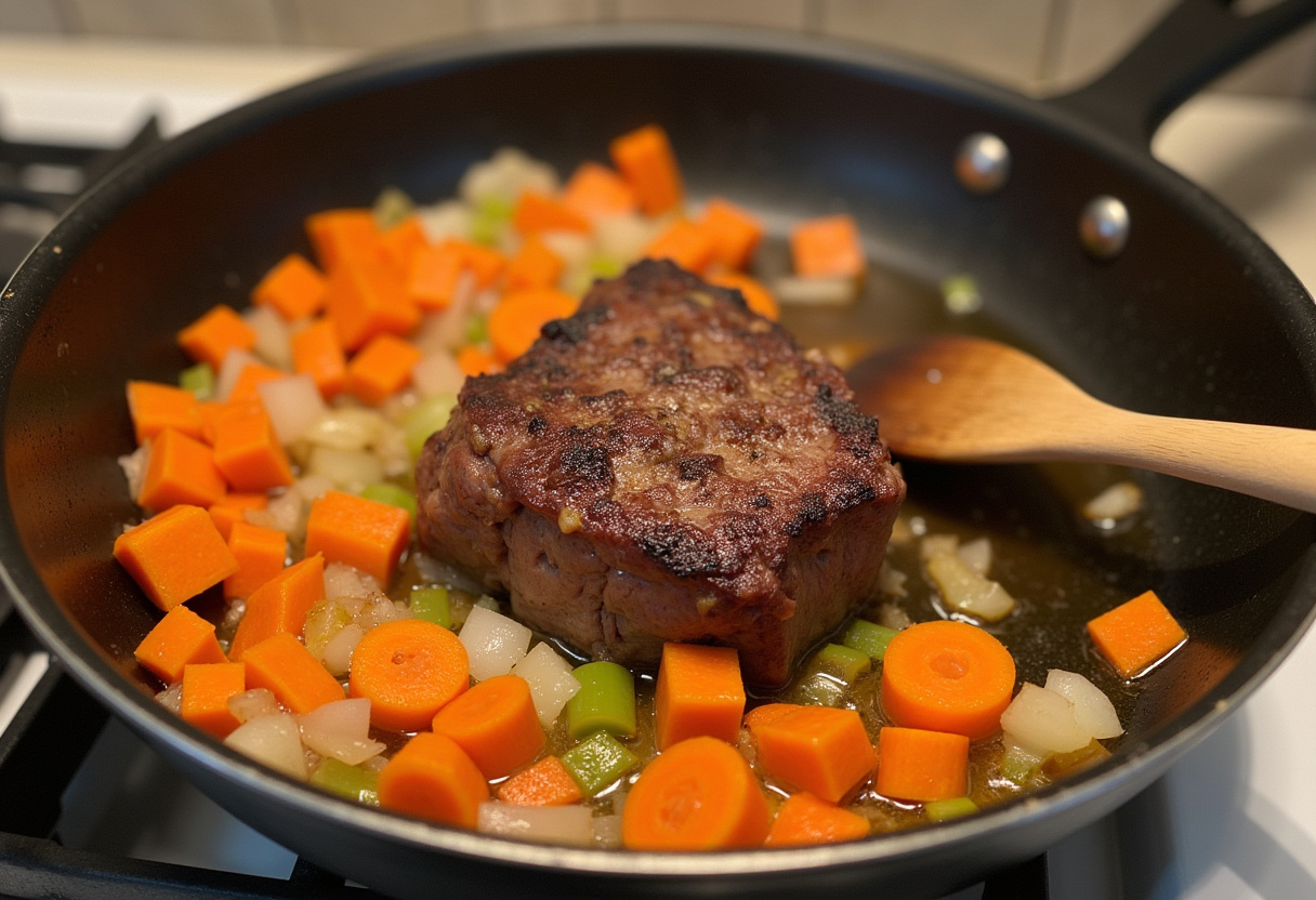 Adding vegetables to the skillet with top round roast to enhance flavor.