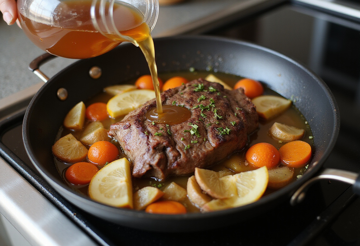 Simmering top round roast with beef broth and vegetables for a tender result.
