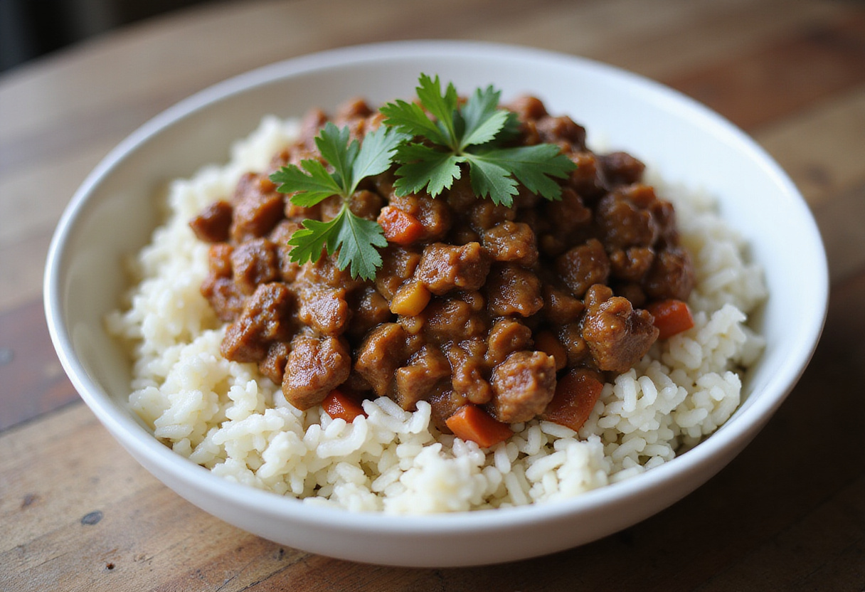 3 ingredient ground beef served over rice with parsley garnish.