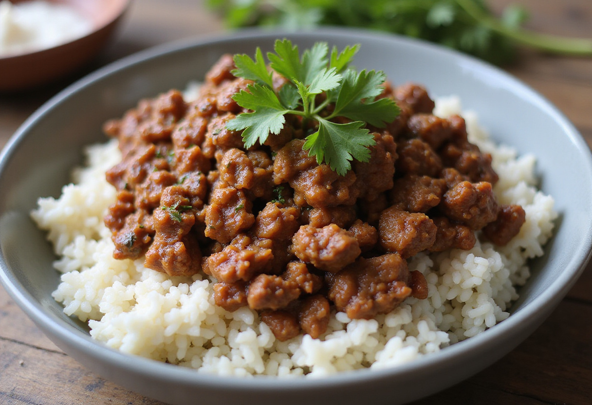 3 ingredient ground beef served over rice with parsley garnish.