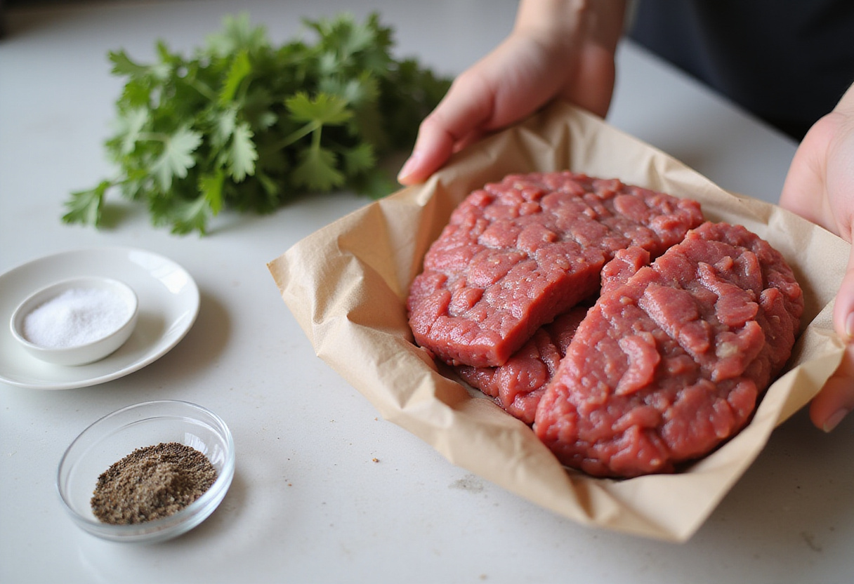 Preparing ground beef and seasonings for 3 ingredient ground beef recipes.