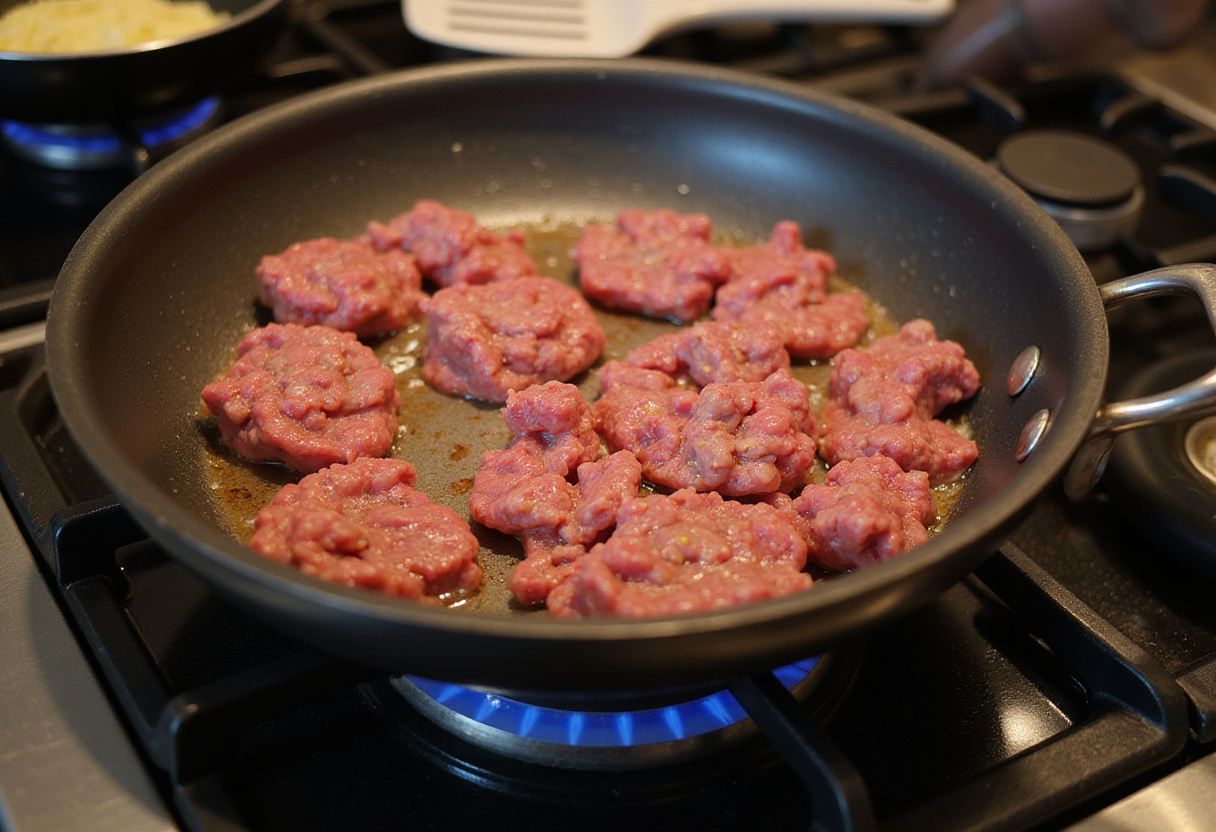Ground beef browning in a skillet, starting the 3 ingredient recipe.